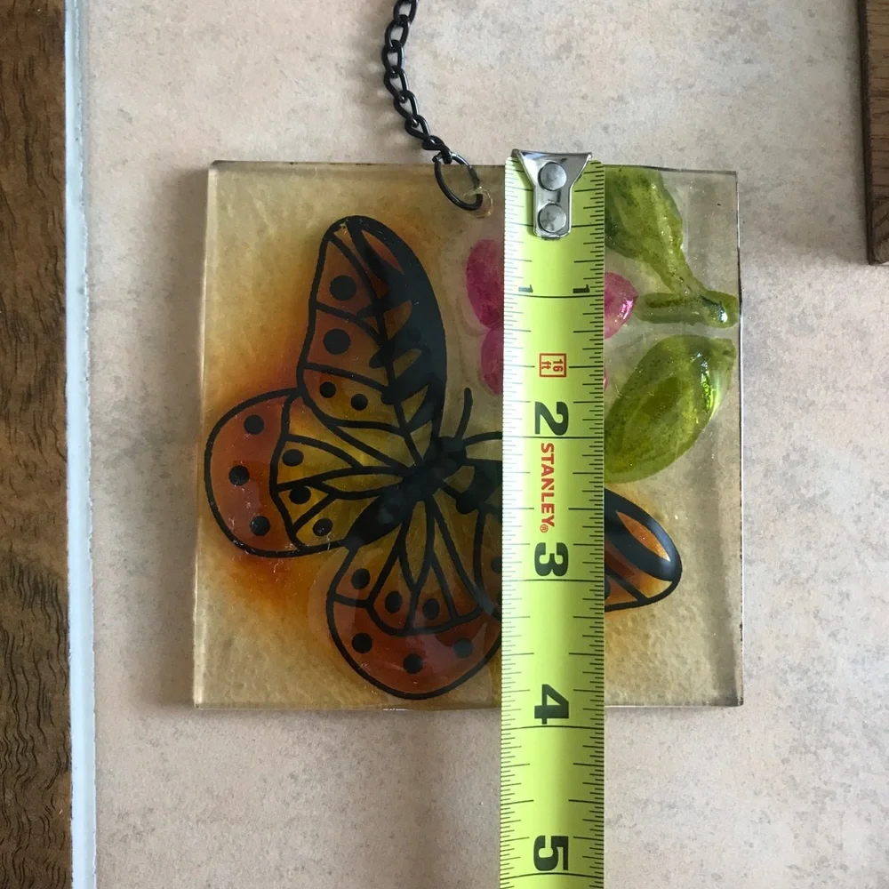Window Hanging Glass Square Tile Butterfly And Flowers Painted Art Sun Catcher